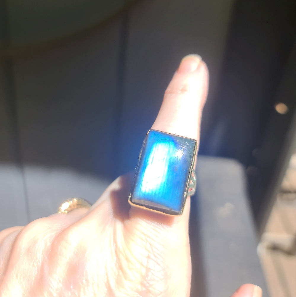 SOLD! Laboradite 13k square pillow sterling & gold ring sz 8.5 - Picture 5 of 9